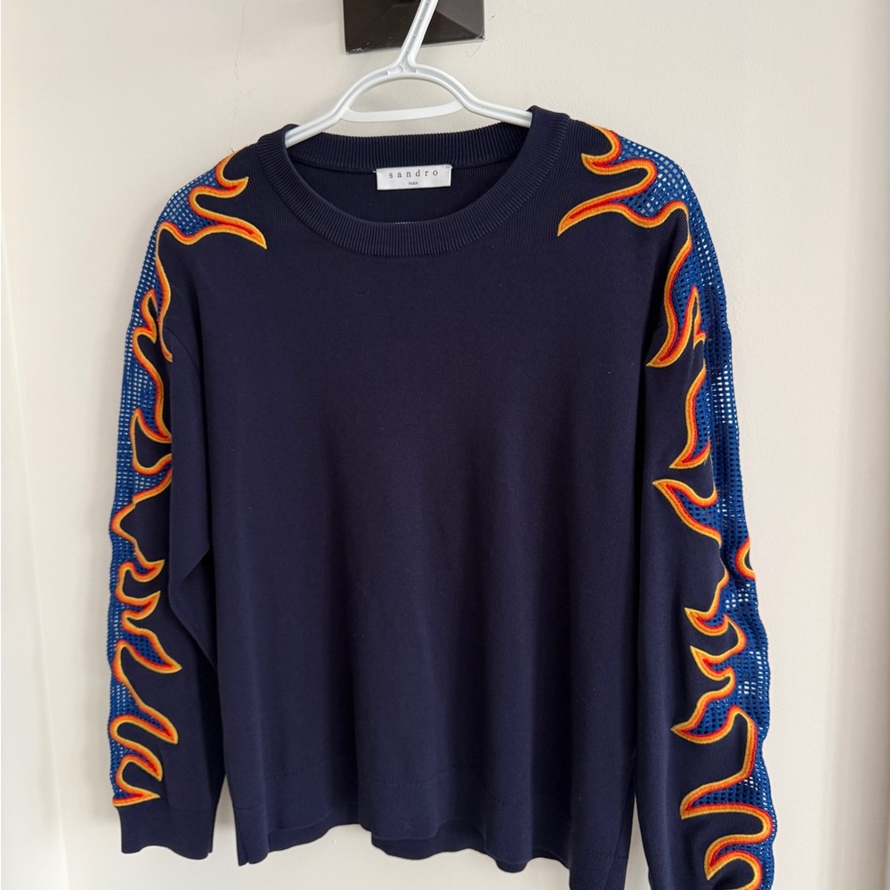 Sandro Navy Sweater with Vibrant Flame Accents